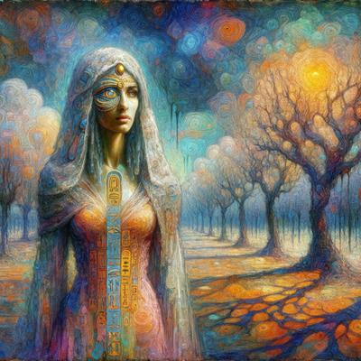 The primary subject of the image is a woman dressed in a long white gown, standing in a forest. The setting is a forest with trees surrounding her. The visual style of the image is a painting, which gives it a more artistic and detailed appearance. The colors and mood of the painting are warm and serene, with the woman's white gown contrasting against the natural backdrop of the forest.